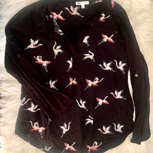 DR2 Daniel Rainn Black Swan Jersey & Viscose  Split Neck Blouse! Sz S!